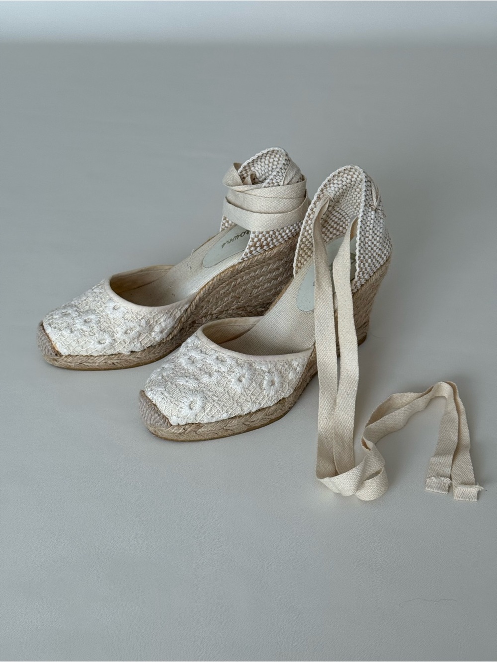 Browns Floral Crochet Lace Ankle-Tie Espadrille Wedge Sandals